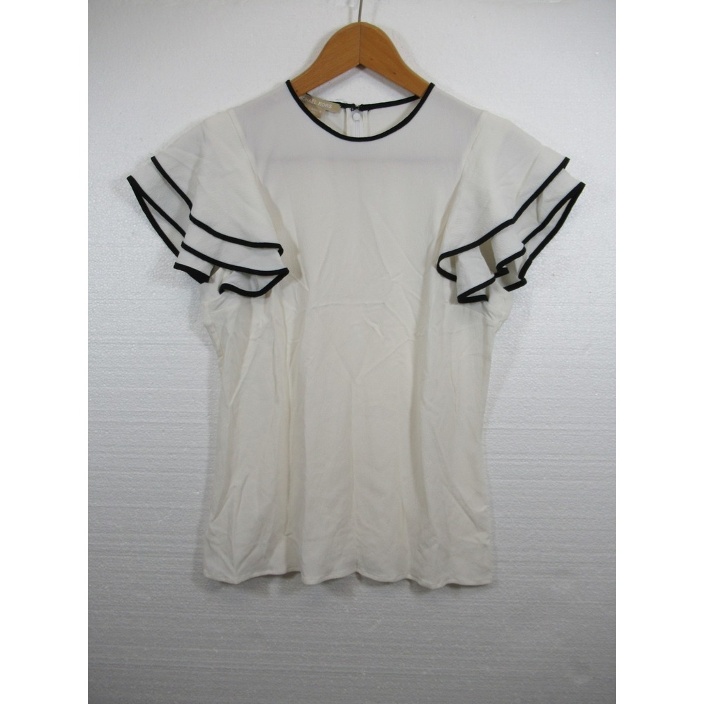 Michael Kors Silk Blouse Women 6 White/Black Flutter Sleeve Made in Italy